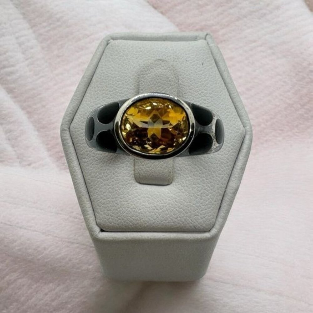 Sterling Silver Rio Grande Golden Citrine Oval w Black Quartz Ring size 9 .925‎